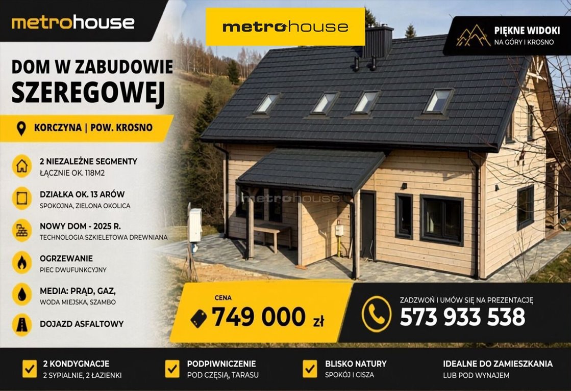 Dom szeregowy 118 m², 2 segmenty, widoki na góry polecam Korczyna, Leśna  118m2 Foto 1
