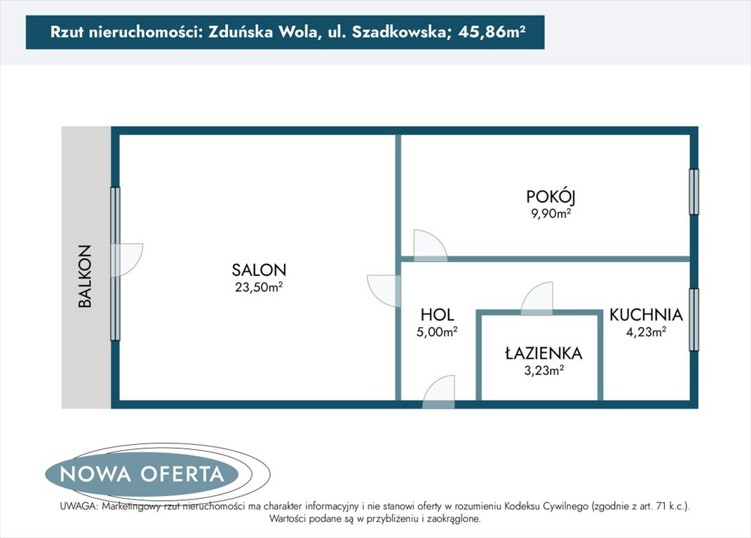 Mieszkanie dwupokojowe na sprzedaż Zduńska Wola, Szadkowska  46m2 Foto 4