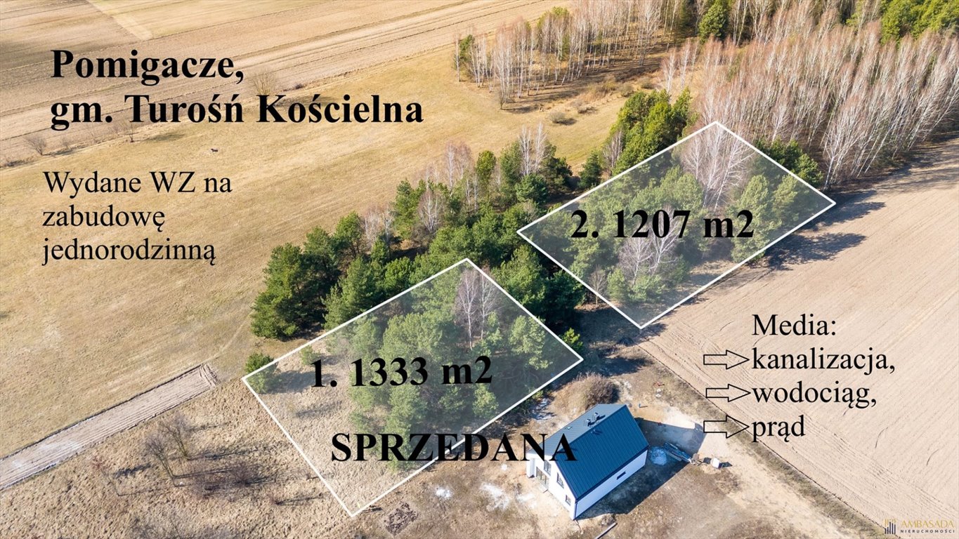 Do sprzedania działki 1207 m² w Pomigaczach z WZ i mediami Pomigacze  1 207m2 Foto 1