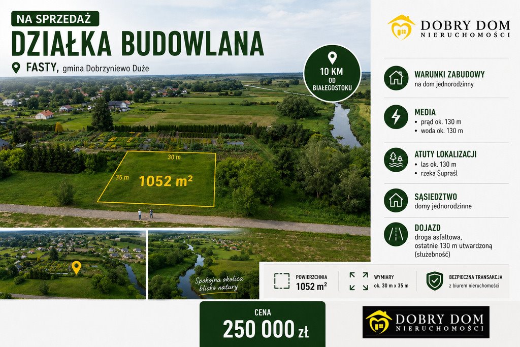 Działka budowlana 1052 m² z mediami i lasem (Fasty): Fasty