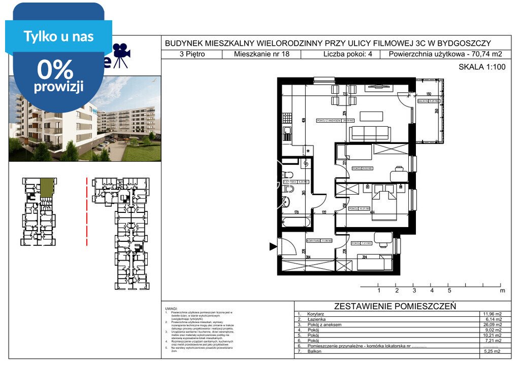 Mieszkanie 70,74 m² w Bydgoszczy - 4 pokoje, blisko centrum Bydgoszcz, Bartodzieje Małe, Filmowa  71m2 Foto 1