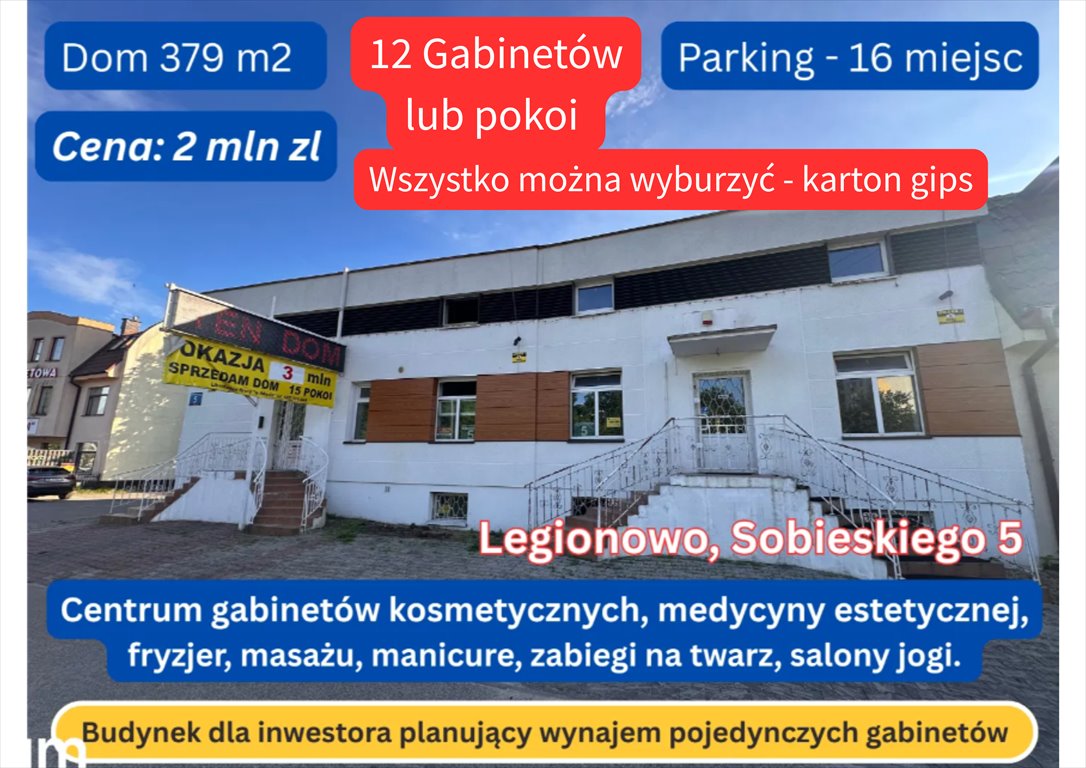 Przestronny budynek usługowy 379 m² z parkingiem 12 miejsc.: Legionowo: Sobieskiego