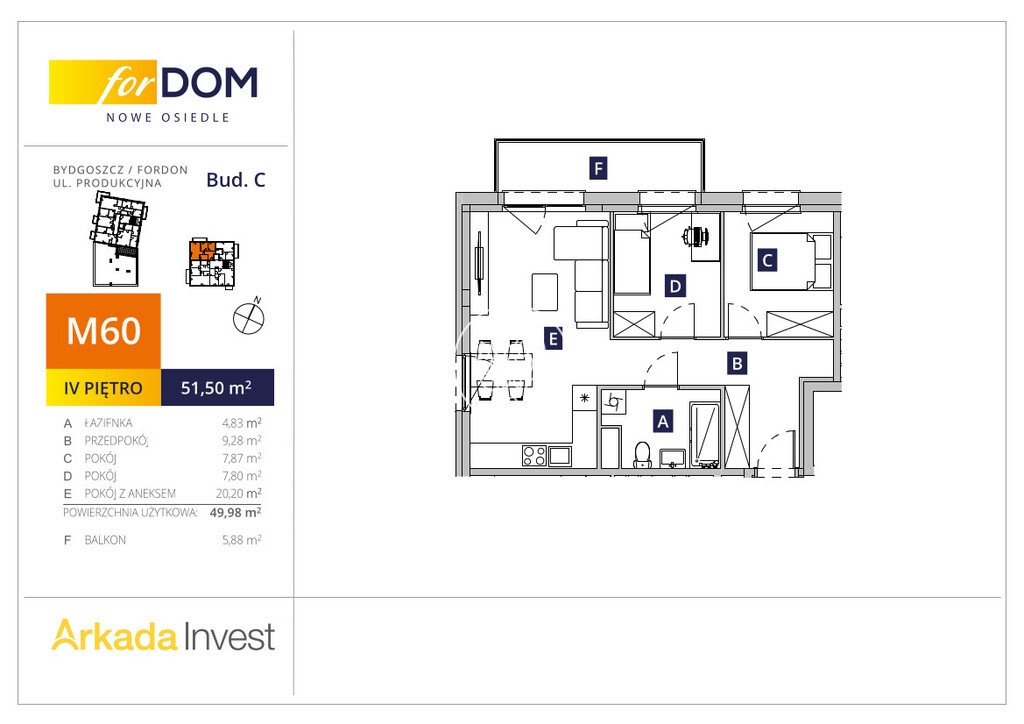 Przestronne 3-pokojowe mieszkanie 49,87 m2 w Fordonie Bydgoszcz, Fordon, Produkcyjna  50m2 Foto 1