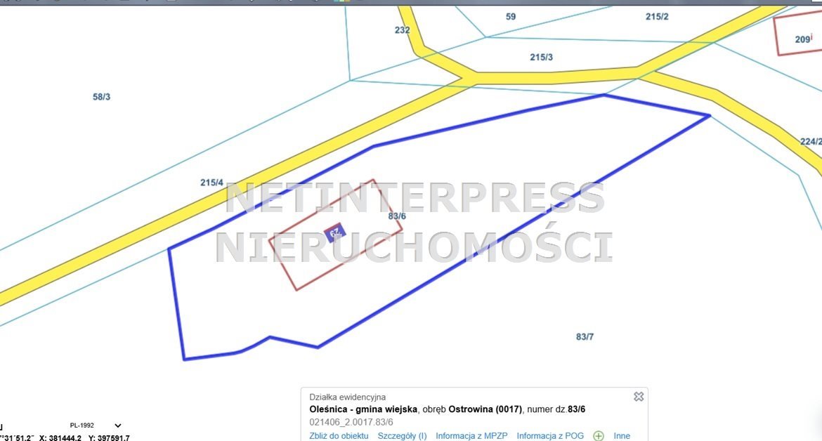 Do sprzedania działka 0,1212 ha z zabudową w Ostrowinie Oleśnica, Ostrowina  1 212m2 Foto 1