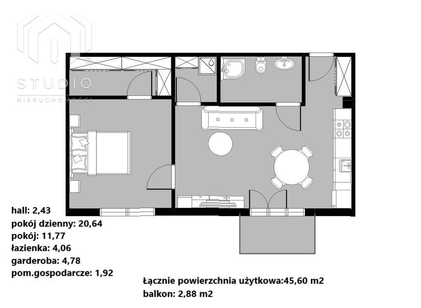 Mieszkanie dwupokojowe na sprzedaż Bielsko-Biała, Komorowice Śląskie  46m2 Foto 2