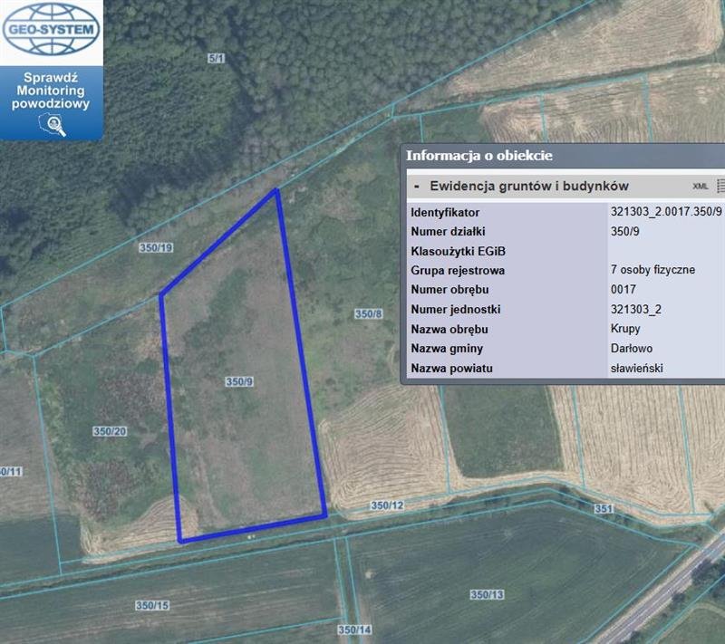 Działka rolna 0,73 ha przy drodze wojewódzkiej, las, media Krupy, Krupy  7 300m2 Foto 1
