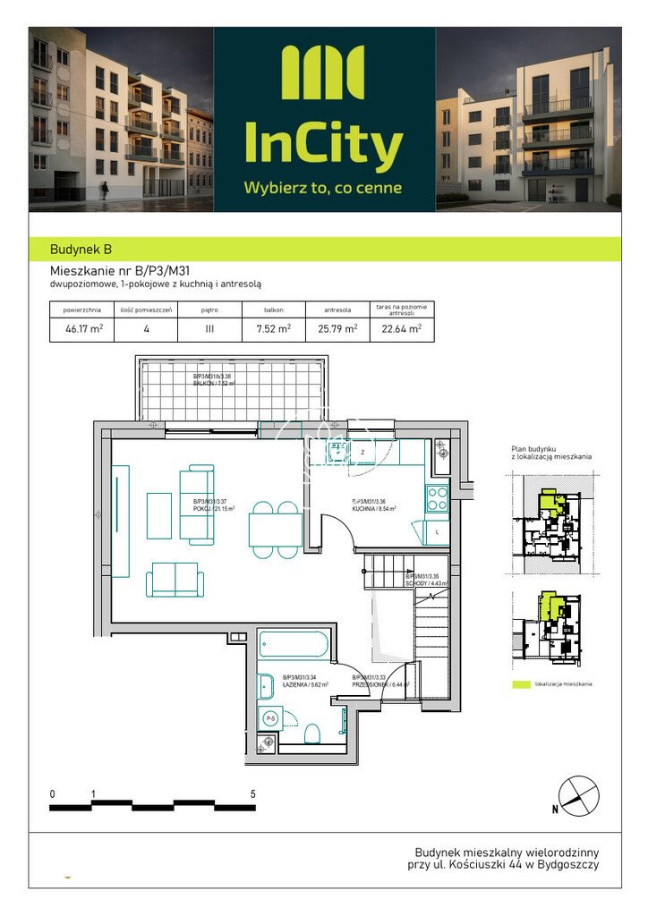 Dwupokojowe mieszkanie w centrum Bydgoszczy, 47,29 m2 Bydgoszcz, Śródmieście, Tadeusza Kościuszki  47m2 Foto 1
