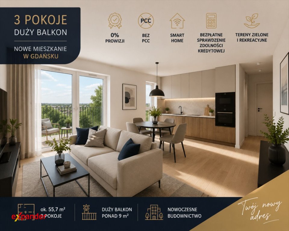 Zapraszam do 3-pokojowego mieszkania z dużym balkonem w Gdańsku Gdańsk, Jasień, Lawendowe Wzgórze  56m2 Foto 1