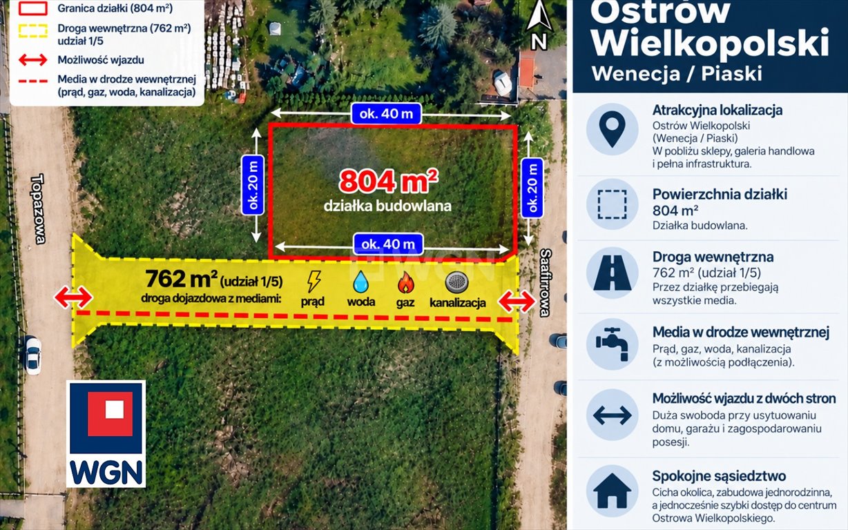 Działka budowlana 804 m2 z dostępem do mediów i dwoma wjazdami. Ostrów Wielkopolski, Wenecja, Szafirowa  804m2 Foto 1