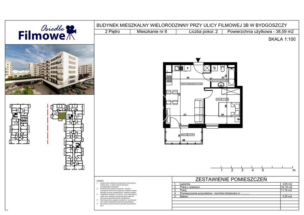 Dwupokojowe mieszkanie 38,59 m2 na sprzedaż w Bydgoszczy Bydgoszcz, Bartodzieje Małe, Filmowa  39m2 Foto 1