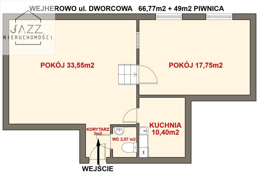 Mieszkanie dwupokojowe na sprzedaż Wejherowo, Dworcowa  67m2 Foto 5