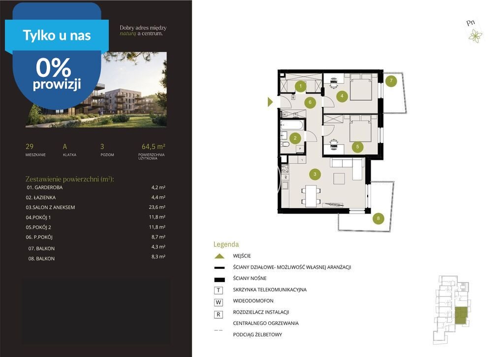 Do sprzedania nowoczesne 3-pokojowe mieszkanie 64,5 m² w Bydgoszczy Bydgoszcz, Flisy, Mińska  65m2 Foto 1