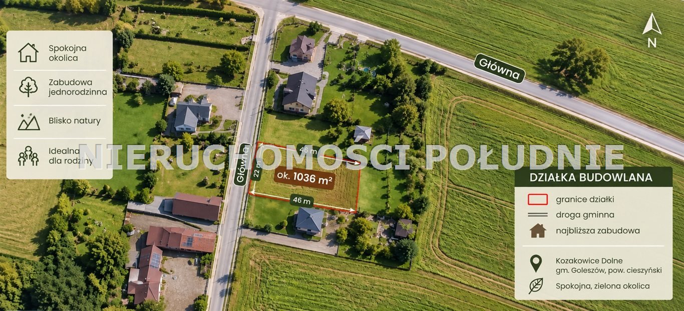 Działka budowlana 1036 m² w Kozakowicach Dolnych - spokojna okolica Kozakowice Dolne, Główna  1 036m2 Foto 1