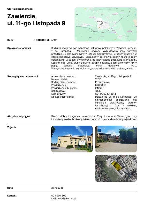 Magazyn i handel 942 m², dobra lokalizacja, Zawiercie polecam Zawiercie, 11 Listpada 9  3 168m2 Foto 1