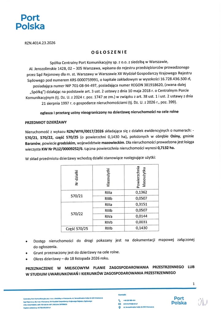 Działka na wynajem 7 132 m² w Osinach – idealna pod cele rolne Osiny  7 132m2 Foto 1