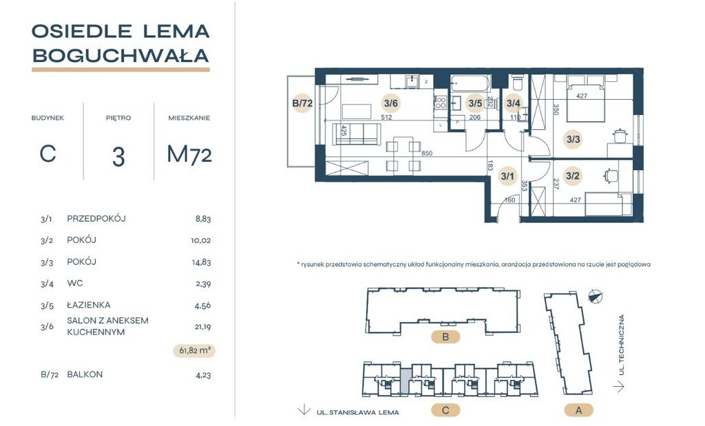 Mieszkanie trzypokojowe na sprzedaż Boguchwała, Stanisława Lema  62m2 Foto 2