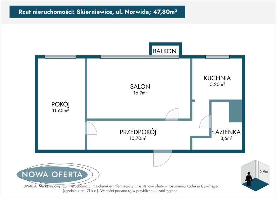 Mieszkanie dwupokojowe na sprzedaż Skierniewice, Cypriana Kamila Norwida  48m2 Foto 6