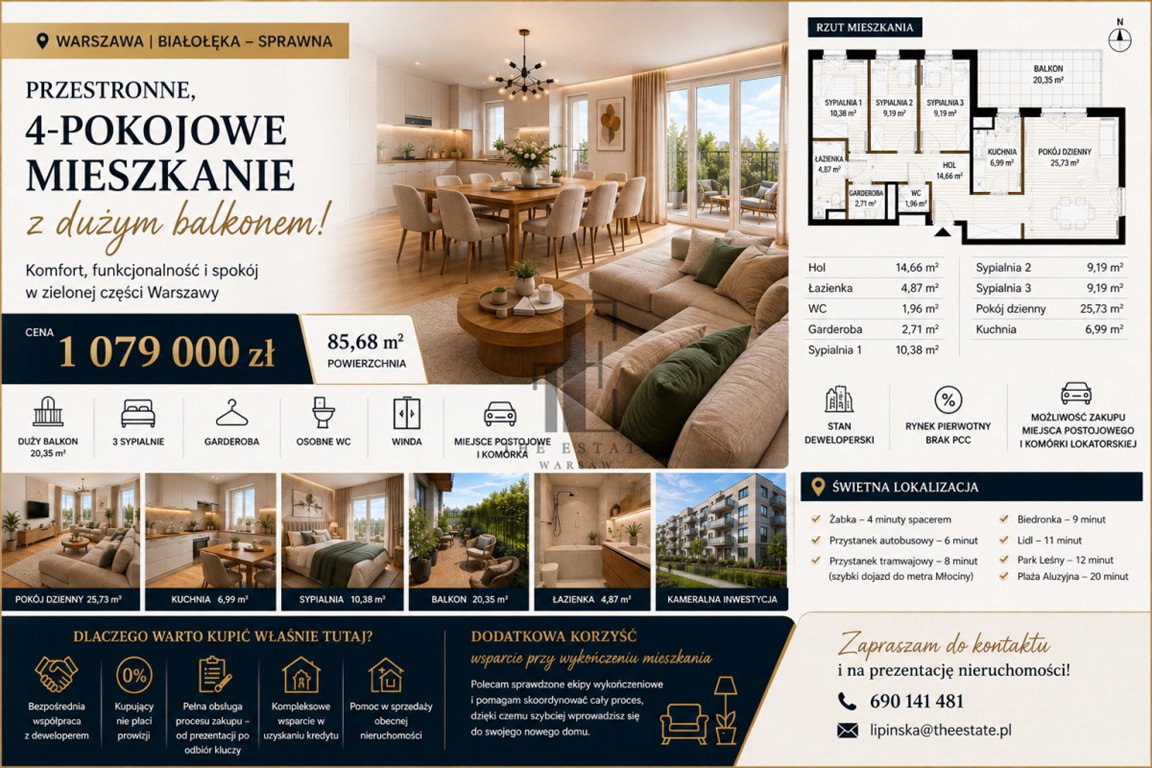 Na sprzedaż przestronne 4-pokojowe mieszkanie 86 m² z dużym balkonem Warszawa, Białołęka Nowodwory, Sprawna  86m2 Foto 1