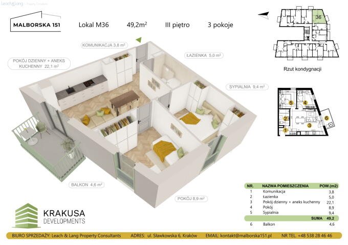 Mieszkanie trzypokojowe na sprzedaż Kraków, Podgórze Duchackie, Wola Duchacka, Malborska  49m2 Foto 1
