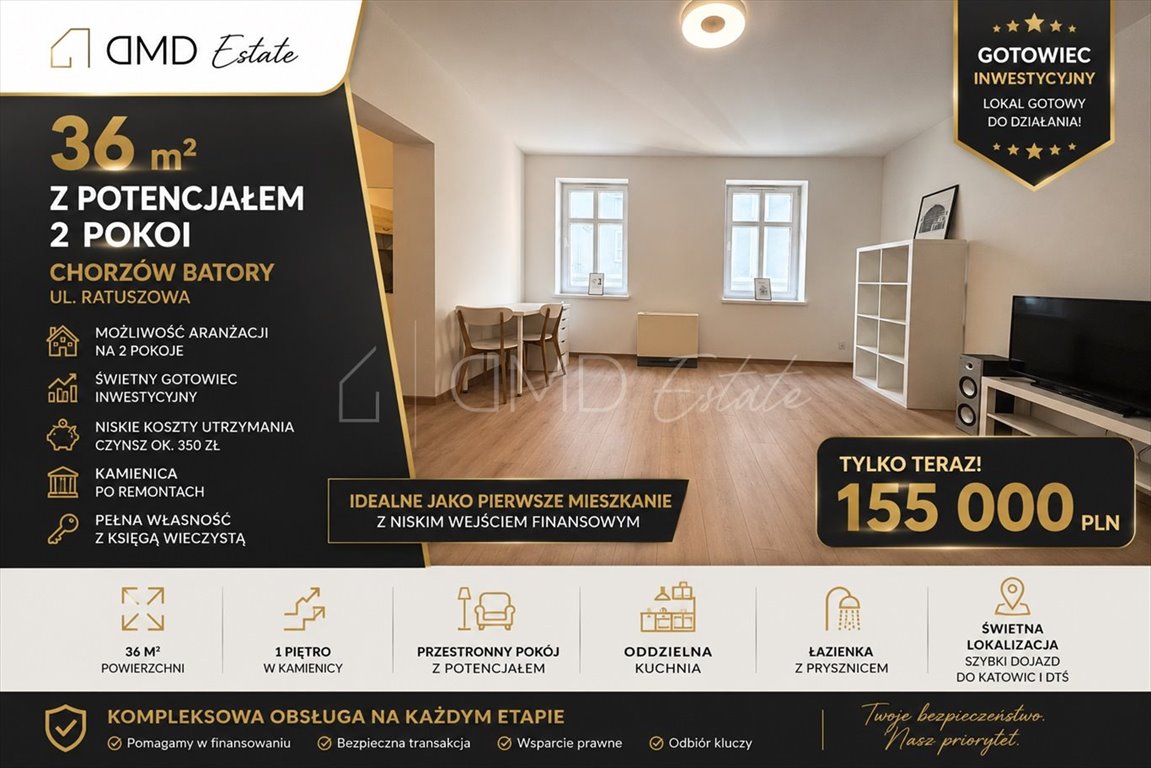Potencjał 2 pokoi w 36 m², inwestycja lub pierwsze mieszkanie Chorzów, Batory  36m2 Foto 1