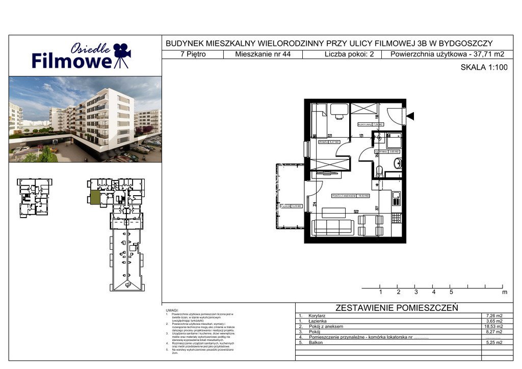 Dwupokojowe mieszkanie 37,71 m2 na sprzedaż w Bydgoszczy Bydgoszcz, Bartodzieje Małe, Filmowa  38m2 Foto 1