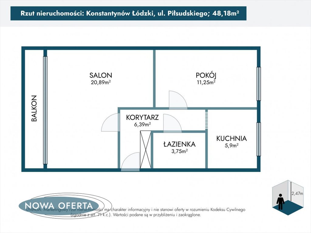 Mieszkanie dwupokojowe na sprzedaż Konstantynów Łódzki, marsz. Józefa Piłsudskiego  48m2 Foto 7