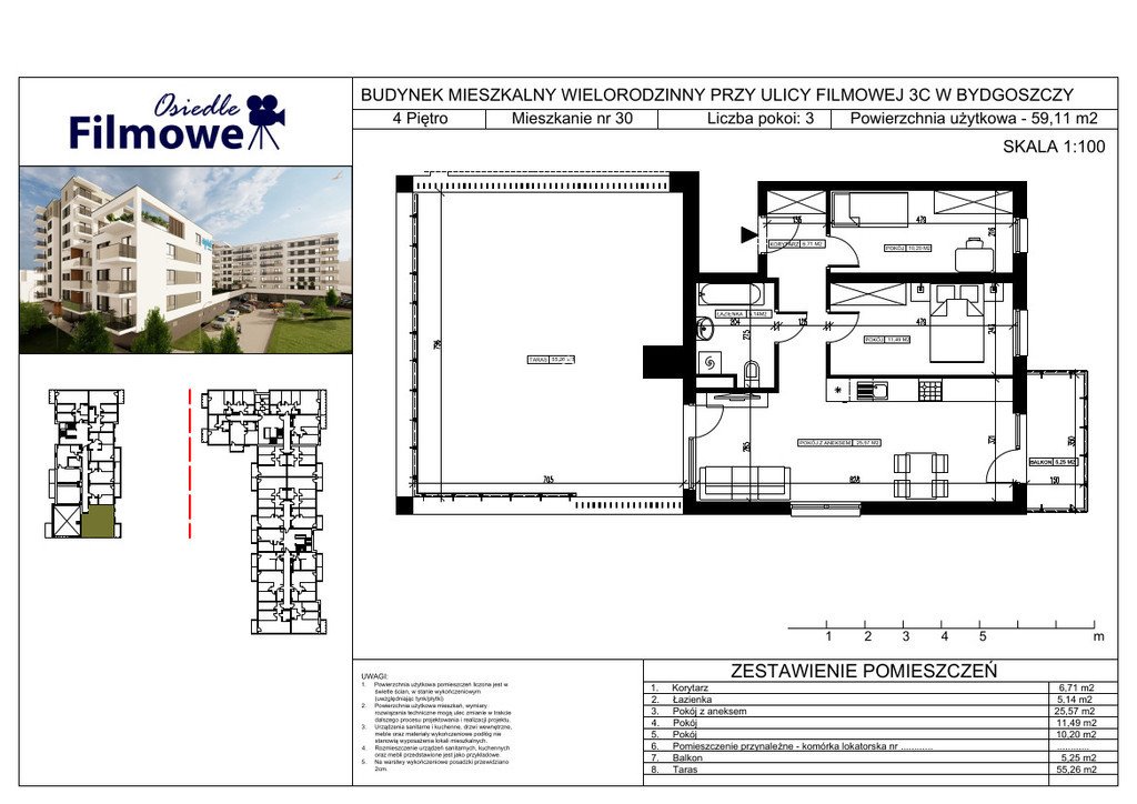 Mieszkanie trzypokojowe na sprzedaż Bydgoszcz, Bartodzieje Małe, Filmowa  59m2 Foto 3