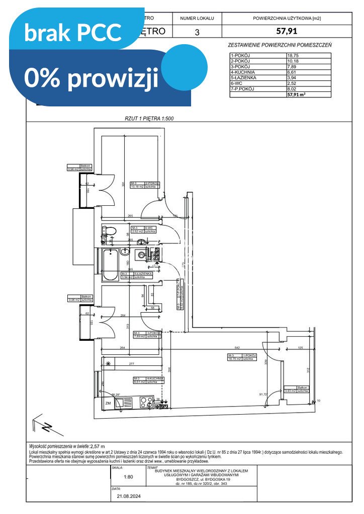 Sprzedam przestronne 3-pokojowe mieszkanie z balkonem i widokiem na Wisłę Bydgoszcz, Fordon, Bydgoska  58m2 Foto 1