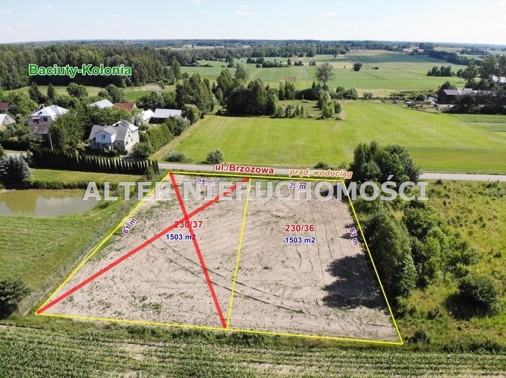 Działka 1503 m² pod dom w Baciutach Kolonii, media, blisko Białegostoku Baciuty-Kolonia, Brzozowa  1 503m2 Foto 1