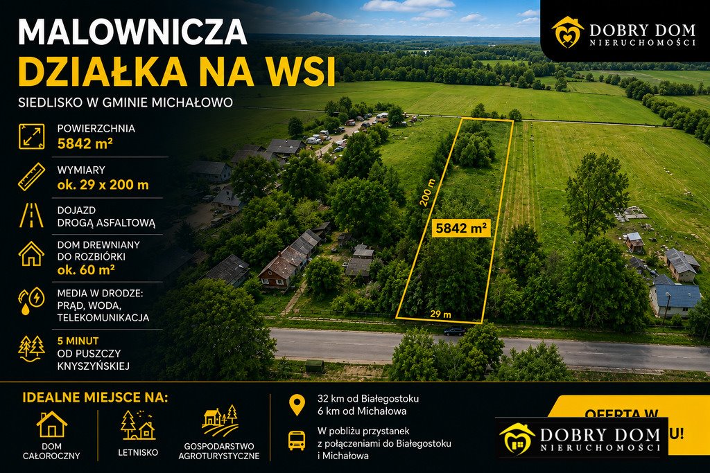 Działka 5842 m² z domem do rozbiórki, blisko Puszczy polecam Michałowo  5 842m2 Foto 1