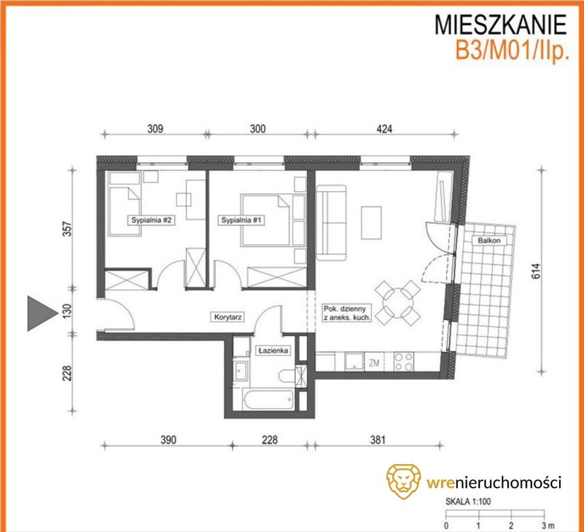 Mieszkanie trzypokojowe na sprzedaż Wrocław, Brochów  59m2 Foto 2