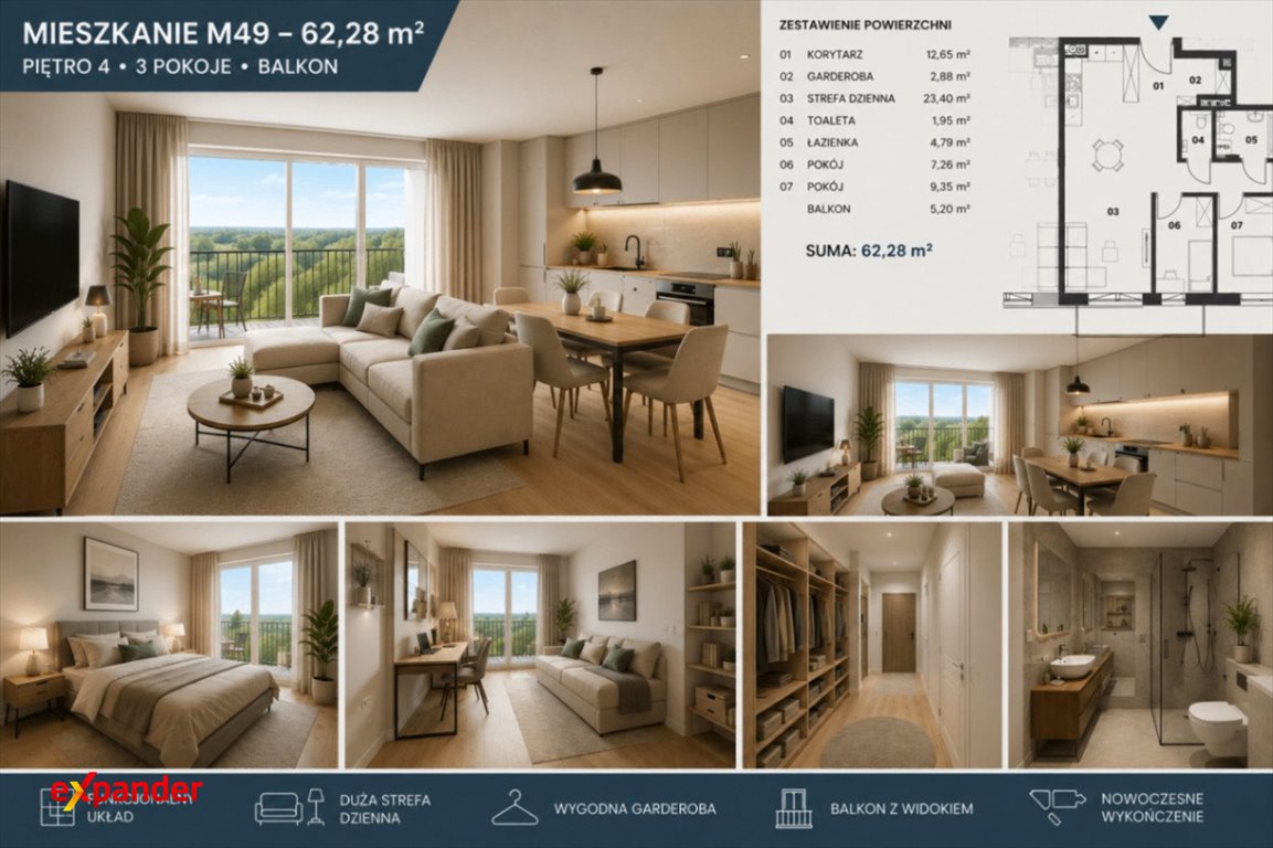 Polecam nowoczesne 3-pokojowe mieszkanie z balkonem i miejscem w garażu Nowa Dęba, Kwiatkowskiego  62m2 Foto 1