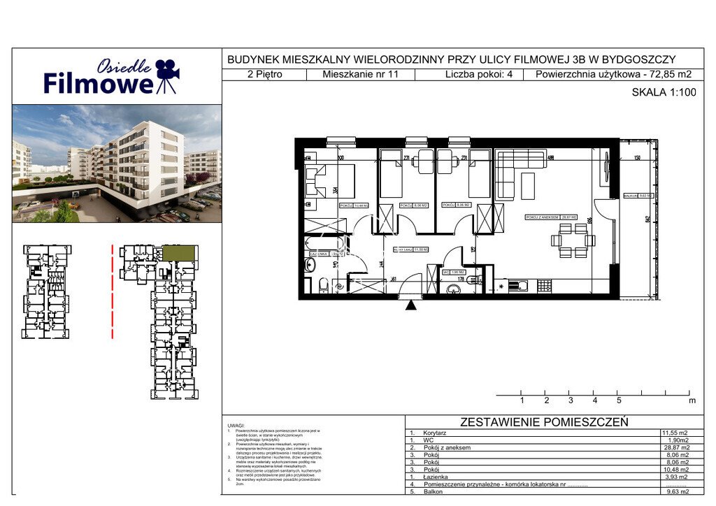 Mieszkanie czteropokojowe  na sprzedaż Bydgoszcz, Bartodzieje Małe, Filmowa  73m2 Foto 3