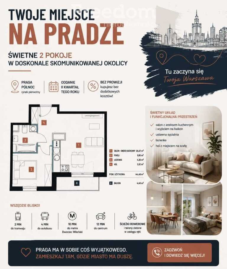 Zapraszam do nowoczesnego 2-pokojowego mieszkania z balkonem na Pradze Północ Warszawa, Praga-Północ, Jagiellońska  44m2 Foto 1