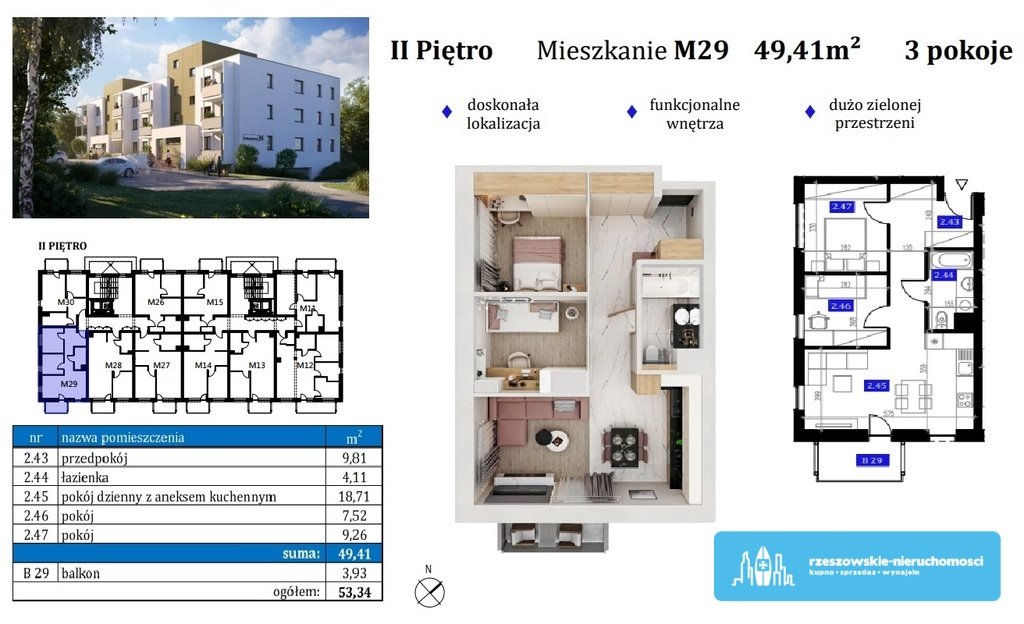 Mieszkanie trzypokojowe na sprzedaż Rzeszów, Aleksandra Zelwerowicza  49m2 Foto 1