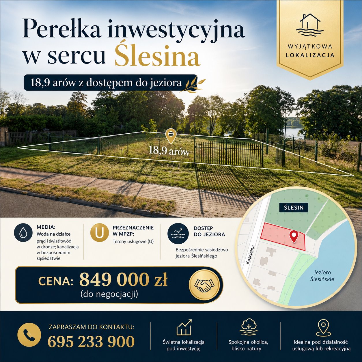 Działka usługowa z dostępem do jeziora w centrum Ślesina Ślesin  1 894m2 Foto 1