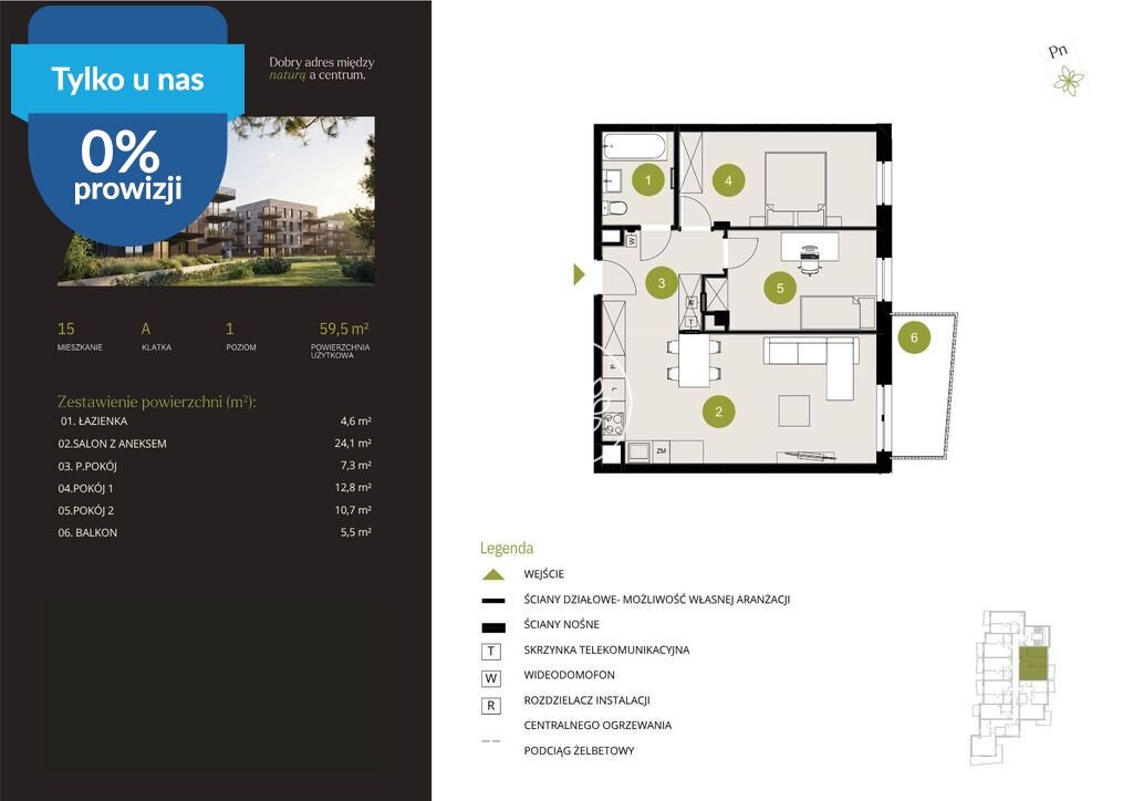 Do sprzedania nowoczesne 3-pokojowe mieszkanie 59,5 m² w Bydgoszczy Bydgoszcz, Flisy, Mińska  60m2 Foto 1