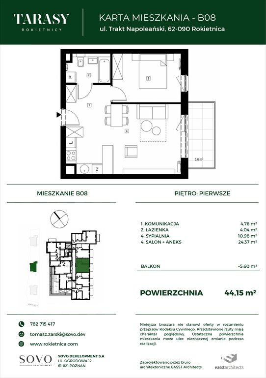 Nowe mieszkanie dwupokojowe Tarasy Rokietnicy Rokietnica, Trakt Napoleoński  44m2 Foto 1