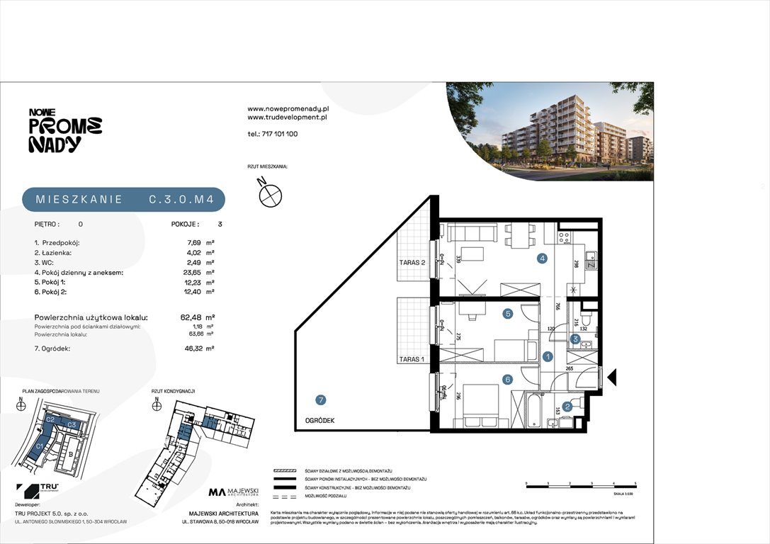 Nowe mieszkanie trzypokojowe Nowe Promenady Wrocław, Kleczków, ul. Czochralskiego/ Miłosza  63m2 Foto 1