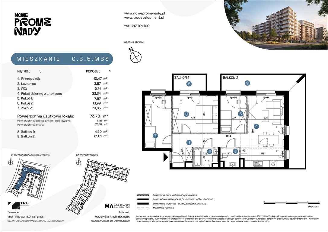 Nowe mieszkanie czteropokojowe  Nowe Promenady Wrocław, Kleczków, ul. Czochralskiego/ Miłosza  74m2 Foto 1