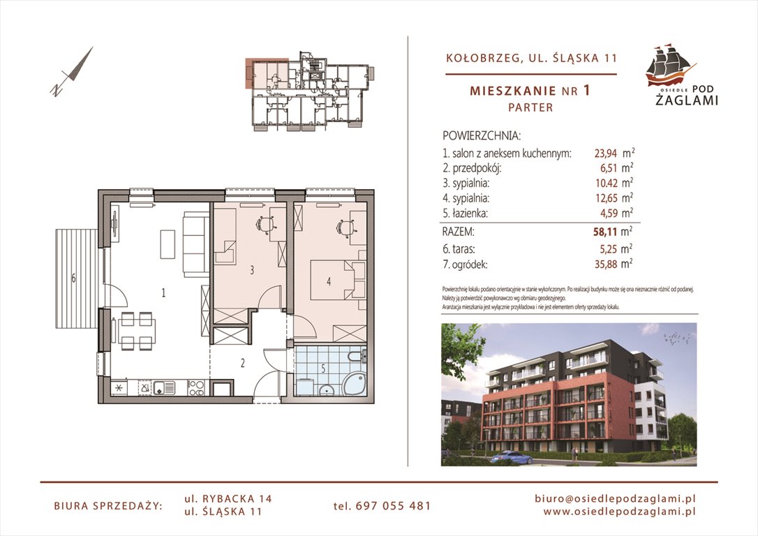 Nowe mieszkanie trzypokojowe Osiedle Pod Żaglami Kołobrzeg, Śląska 11  58m2 Foto 1