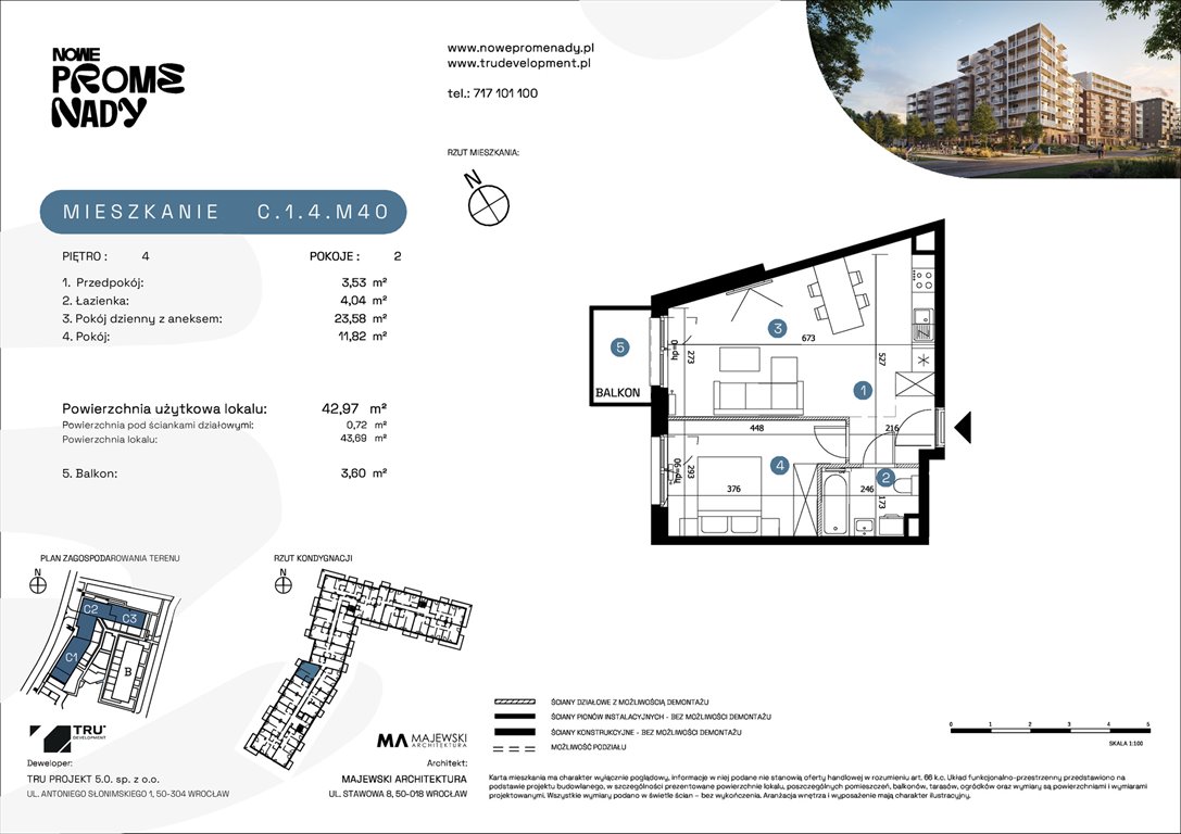 Nowe mieszkanie dwupokojowe Nowe Promenady Wrocław, Kleczków, ul. Czochralskiego/ Miłosza  43m2 Foto 1