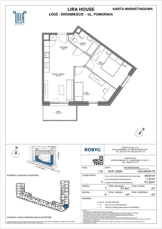 Nowe mieszkanie trzypokojowe Lira House Łódź, Pomorska 108  50m2 Foto 1