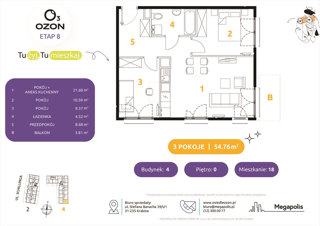 Nowe mieszkanie trzypokojowe Osiedle Ozon etap 8 Kraków, Schillinga 2-4  55m2 Foto 1