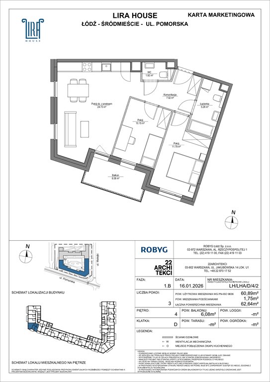 Nowe mieszkanie trzypokojowe Lira House Łódź, Pomorska 108  61m2 Foto 1