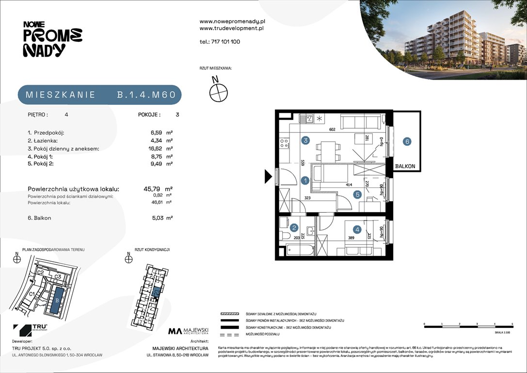 Nowe mieszkanie trzypokojowe Nowe Promenady Wrocław, Kleczków, ul. Czochralskiego/ Miłosza  46m2 Foto 1