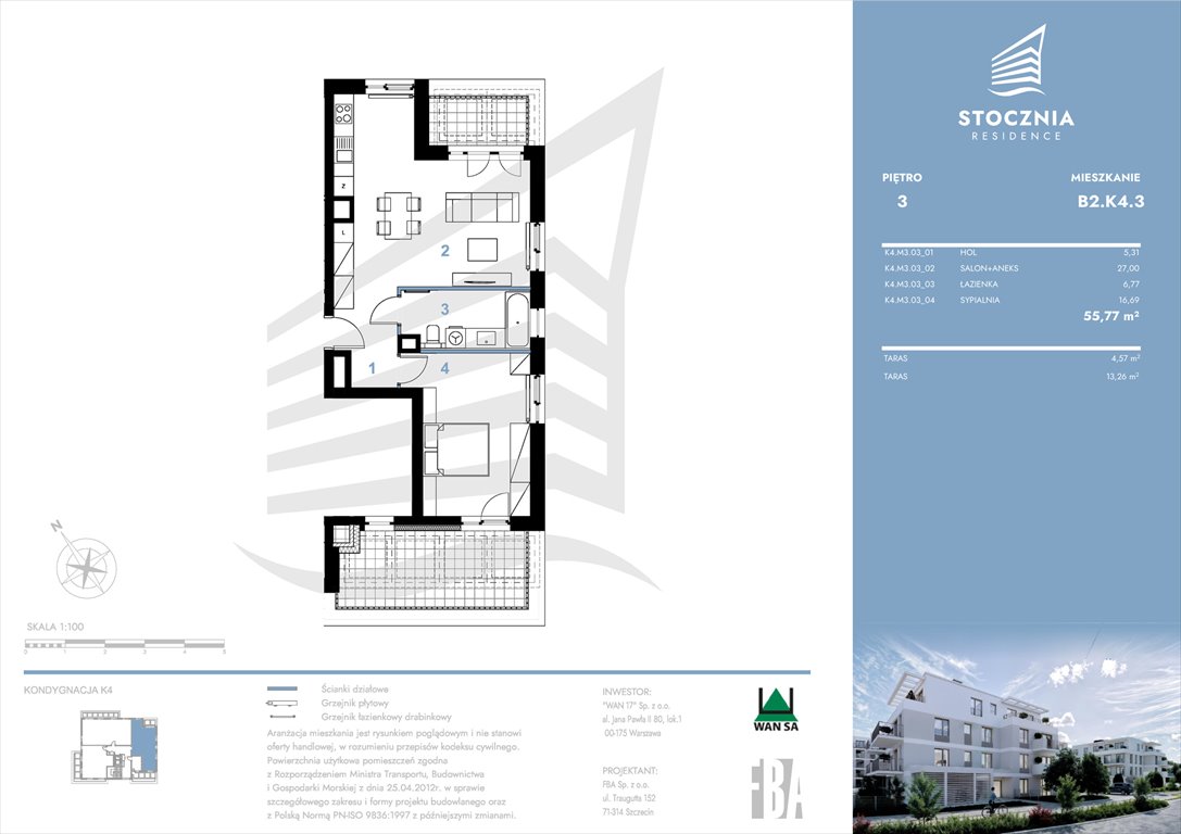 Nowe mieszkanie trzypokojowe Stocznia Residence Radziwie, ul. Popłacińska 42  56m2 Foto 1