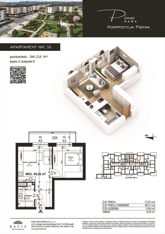 Nowe mieszkanie dwupokojowe Piano Park budynek H Suwałki, Rotmistrza Witolda Pileckiego 5a  36m2 Foto 1