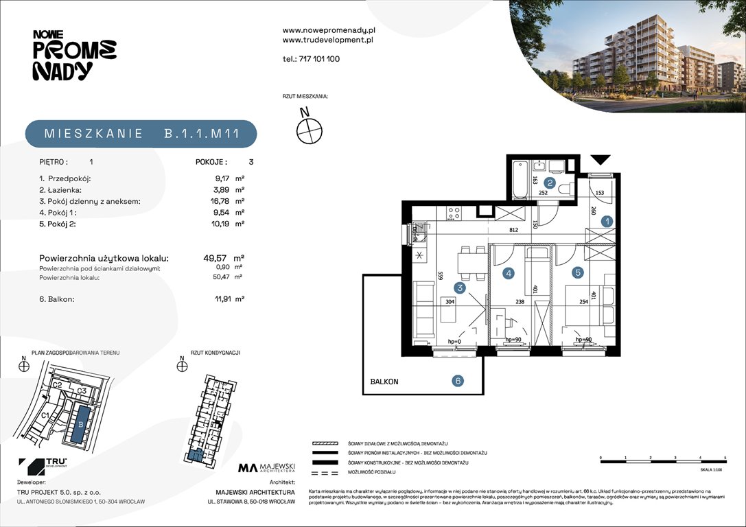 Nowe mieszkanie trzypokojowe Nowe Promenady Wrocław, Kleczków, ul. Czochralskiego/ Miłosza  50m2 Foto 1