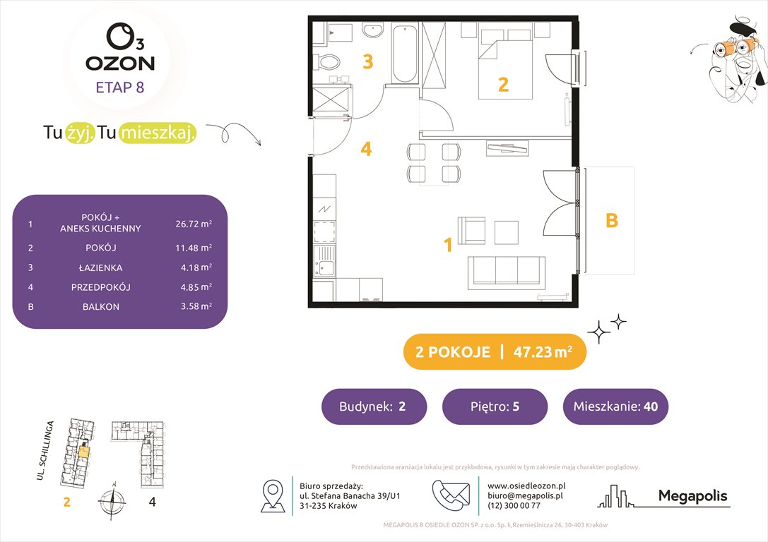 Nowe mieszkanie dwupokojowe Osiedle Ozon etap 8 Kraków, Prądnik Biały, Schillinga 2-4  47m2 Foto 1